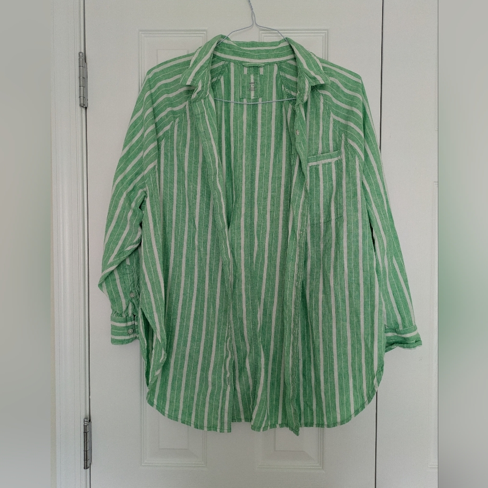 Aerie Linen Green Striped Button-Down Cover-up S - Picture 4 of 10